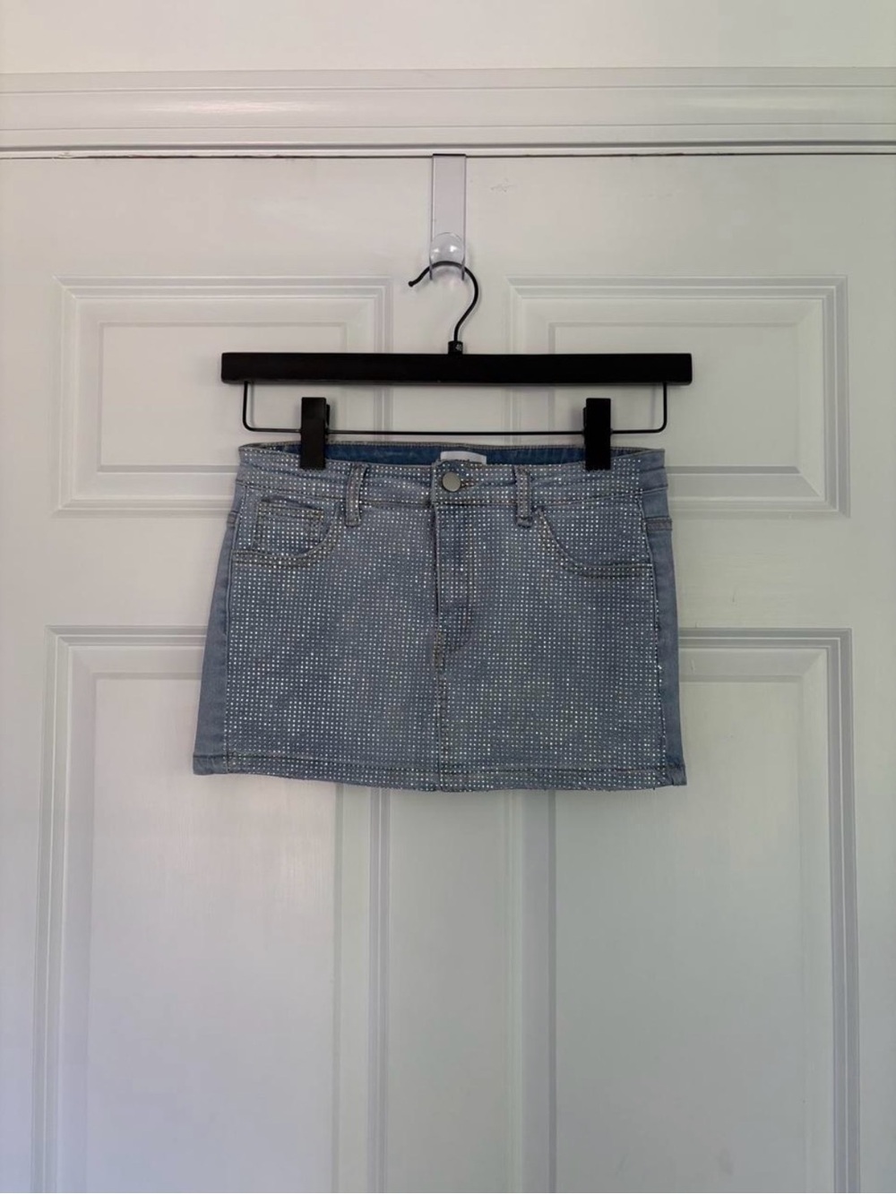 superdown Light Blue Rhinestone Denim Mini Skirt